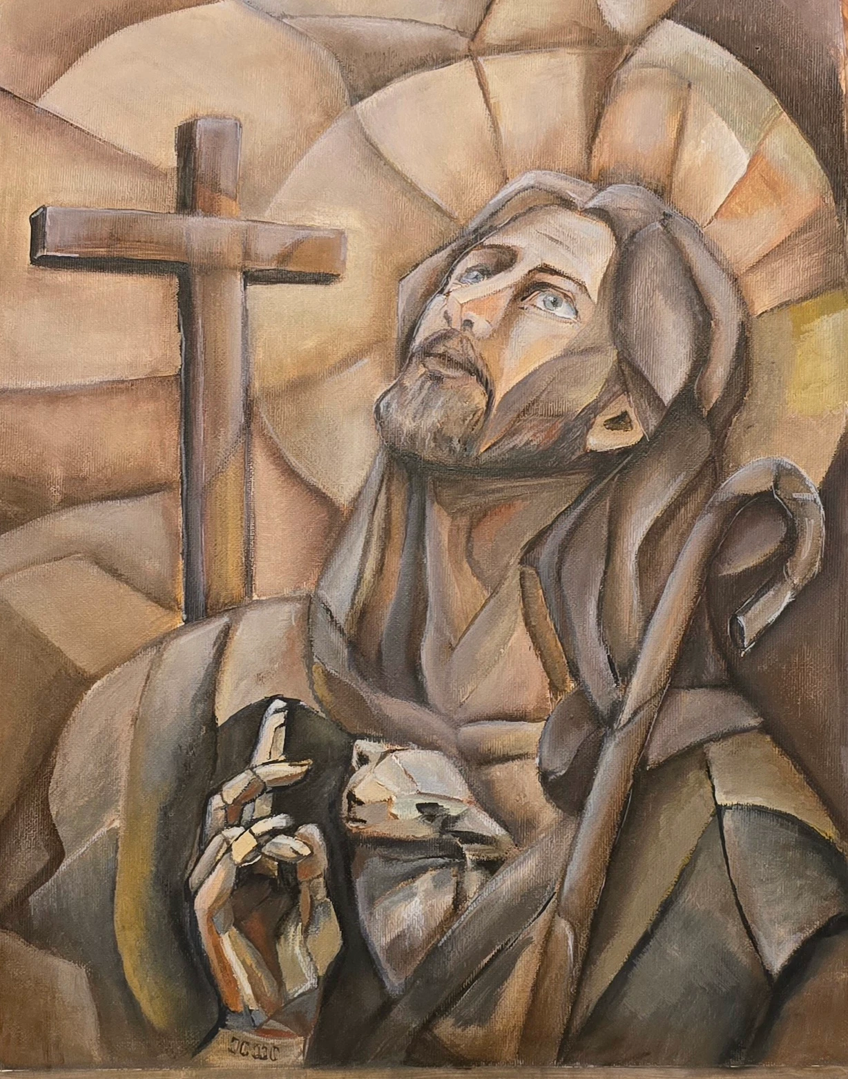 O lucrare in tonuri calde cu putine tonuri si nuante in griuri colorate, geometrizate, usor cubiste, care il infatiseaza pe Hristos ca Pastor.